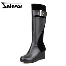 ZALAVOR/женские сапоги на высокой танкетке размера плюс 30-52; зимние сапоги до колена в стиле пэчворк; женская обувь с металлической пряжкой; зимние сапоги на платформе