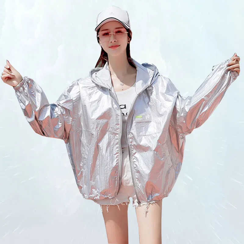 

Short Fashion Silver Glossy Hooded Jacket 2019 Summer Sun Protection Jacket Women Loose Plus size Beach UV Protection Outwear 45