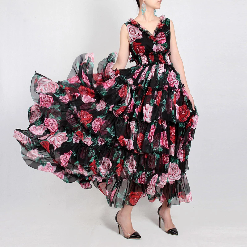 

High quality fashion runway Maxi dress Women's Sleeveless V-Neck Flower Print Patchwork Ruffles Silk Beach Bohemian long Dress