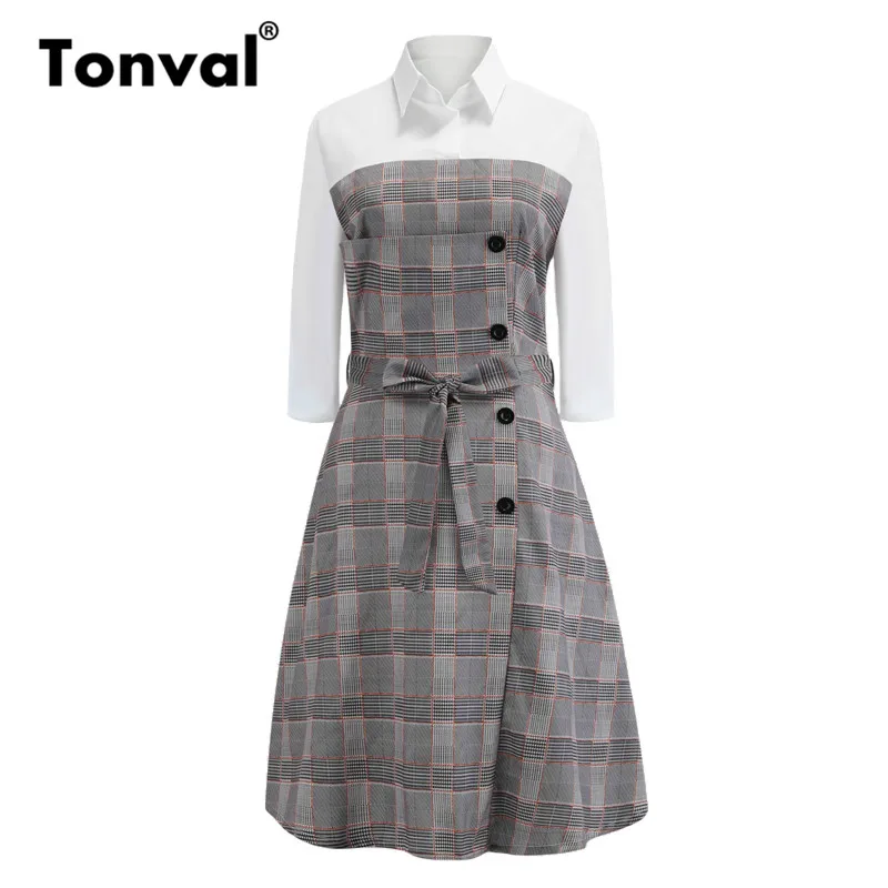 

Tonval Vintage Plaid Turn-Down Collar Shirt Dress Belted 3/4 Sleeve Elegant Dress Women Office Lady Knee Length Dresses