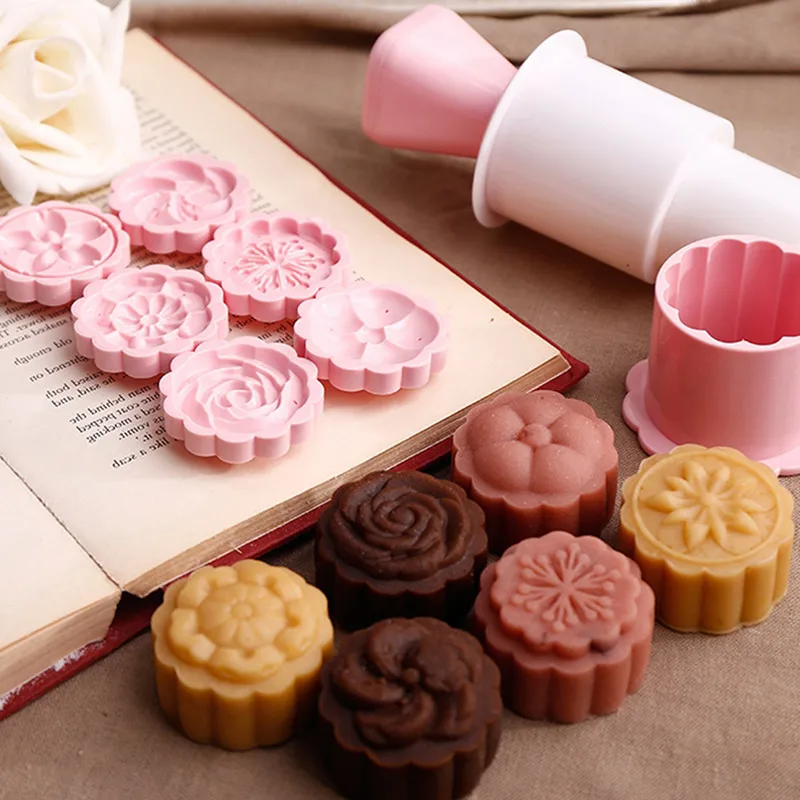 

3D Moon Cake Molds Plastic Flower Pattern Handmade Pressure Cake Molds Fondant Cookie Molds Set Kitchen Tool