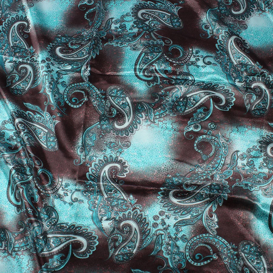 

Vintage Polyester Charmeuse Satin Fabric Elegant Paisley Floral Print For Scarfs Dresses Sold By Yard