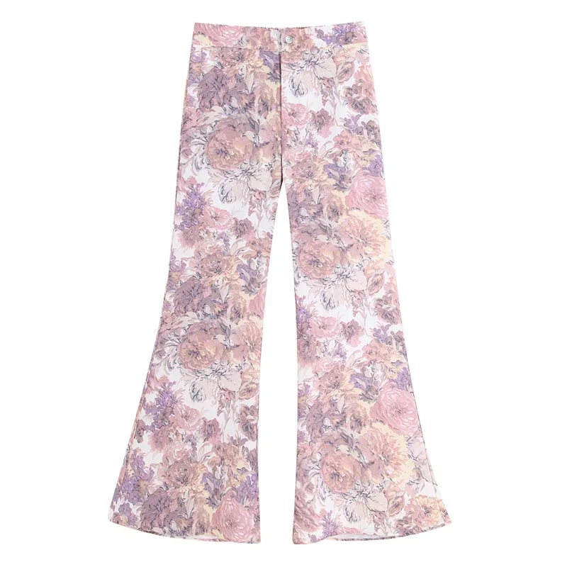

KZ944 Women Chic Pink Floral Print Flare Pants Summer Fashion Trousers