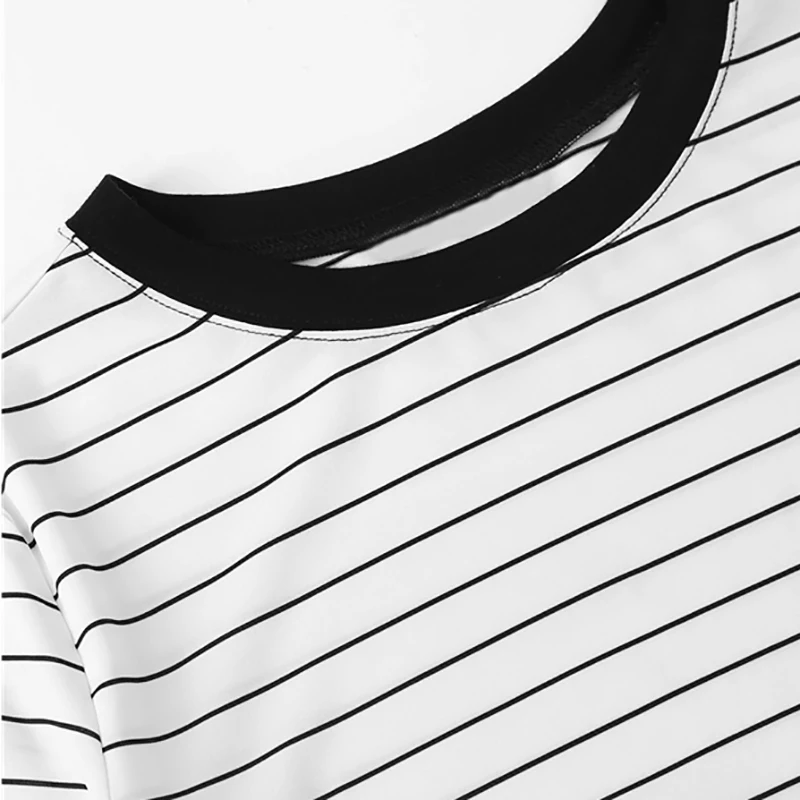 Dotfashion Black And White Patch Pocket Striped Ringer Tee Women Casual Tops Summer Short Sleeve Preppy Colorblock T-Shirt