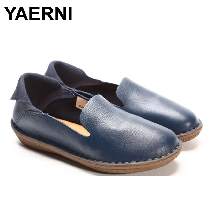 

YAERNI 2017 Mori Girl Flat Shoes Hand-sewed Genuine Lether Coffee Step in Loafers Ladies Moccasin Shoes (568-2)