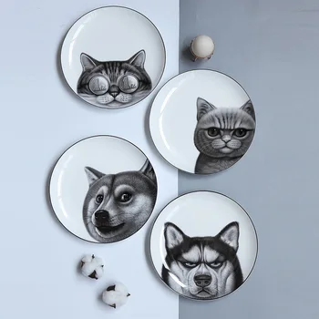 

8*inch Funny 3D Dog Cat Printed Dinner Plate Home Decoration Bone China Steak Cake Dishes Fruit Ceramic Kitchen Plates Container