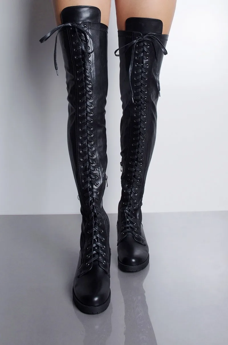 thigh high lace up flat boots