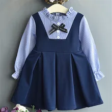 2019 Autumn LOng Sleeve Girls Dresses Kids Children Clothes Western Striped Bow Preppy Style Dress Girls Spring Clothing New
