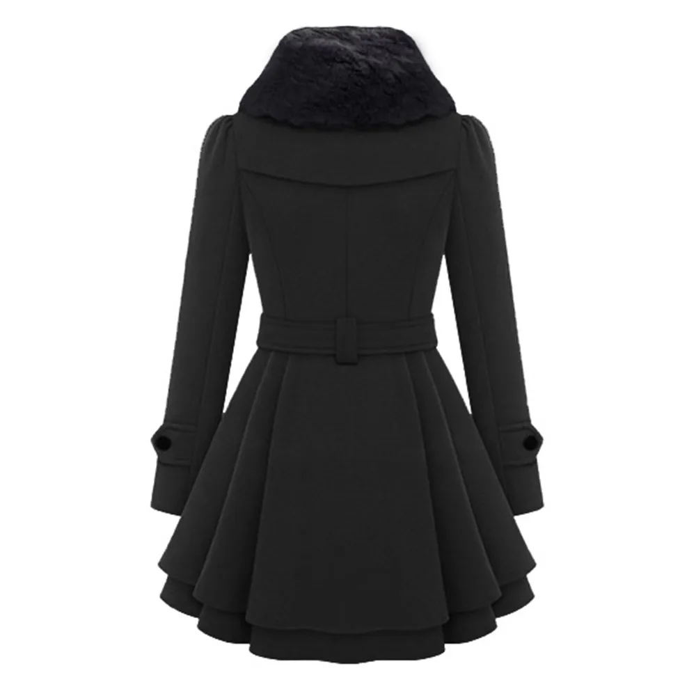 2018 Winter Warm Gothic Casual Black High Street Plus Size Women Overcoats A Line Lapel Plain Belt Button Girls Fashion Coats