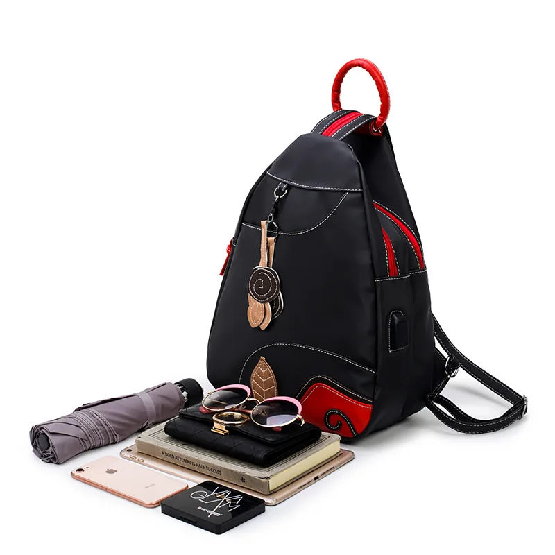 Nylon negro plástico impermeable de Mujeres de viaje de compras Mochila que puerto de carga USB externo Casual bolso Escolar Mochila