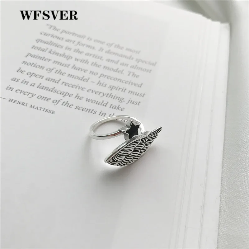 

WFSVER korea style 925 sterling silver ring for women vintage star wings shape rings opening adjustable fine jewelry gift