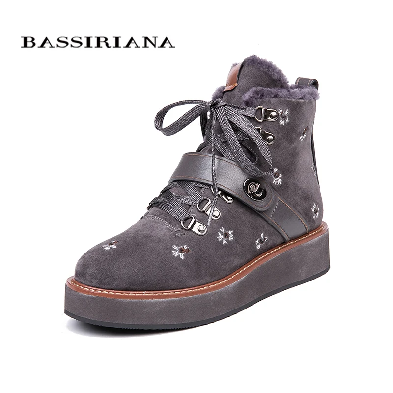 BASSIRIANA/ Новинка зимы из натуральной кожи Для женщин черная обувь на плоской подошве Серый ; размеры 35–40 - Цвет: gray