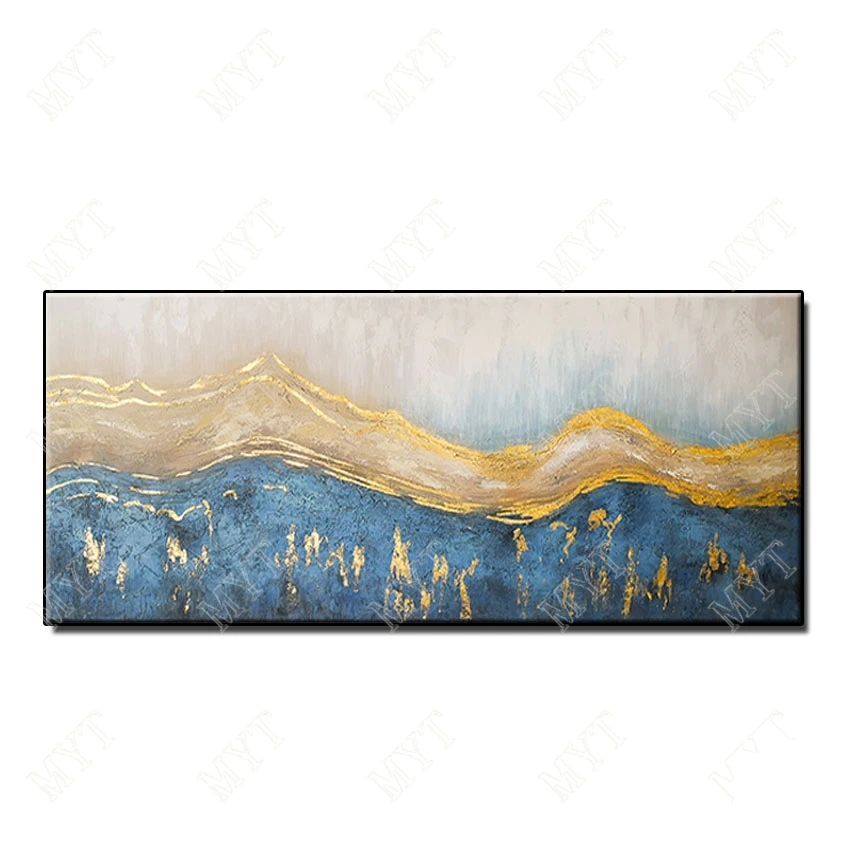 

Beautiful painting on canvas Hand Painted Wall art Picture Abstract blue back gold line for Living room home decor no framed