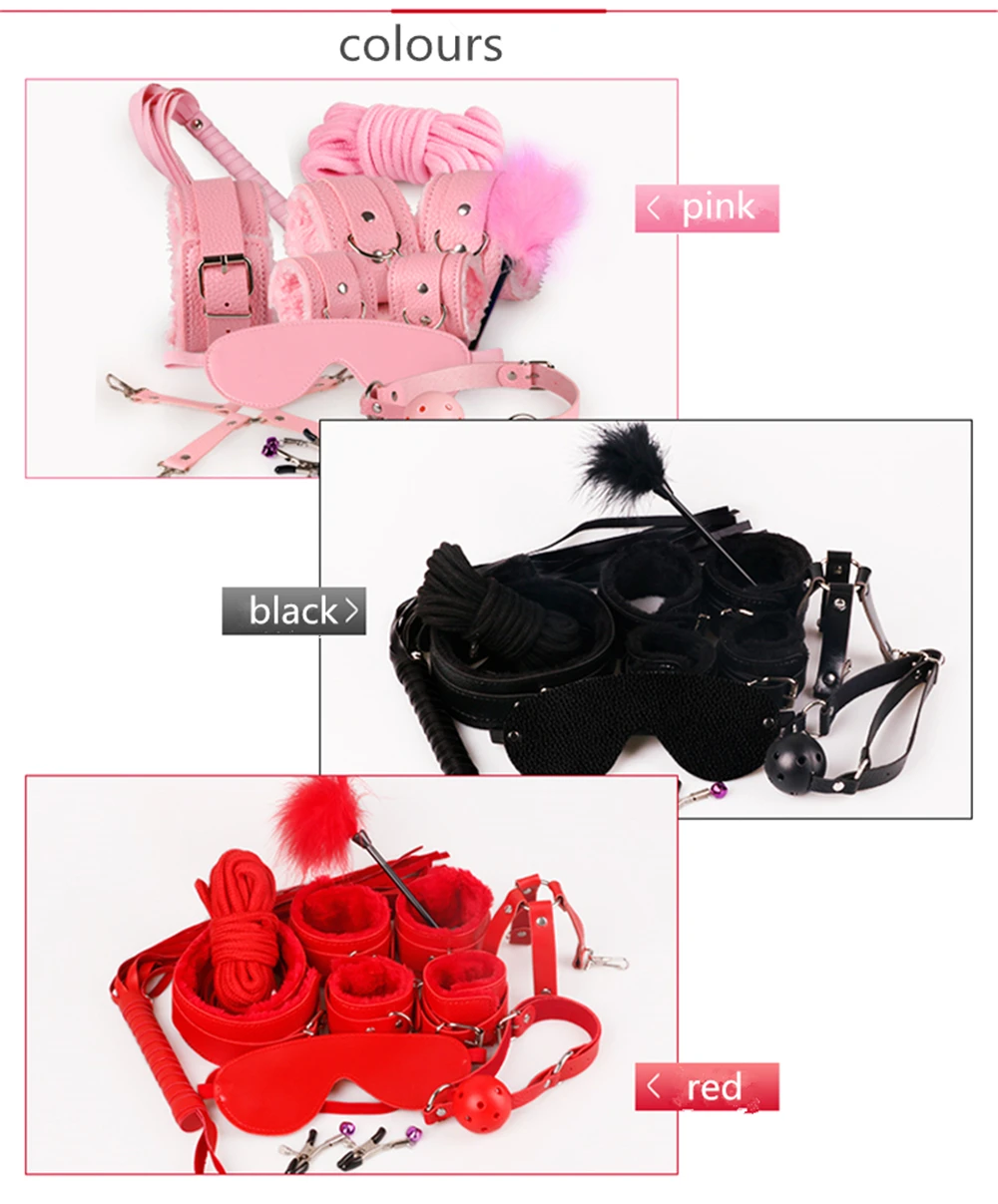 Sex Bondage Kit Set 10 Pcs Sexy Product Set Adult Games Toys Set Hand Cuffs Footcuff Whip Rope Blindfold Couples Erotic Toys 5