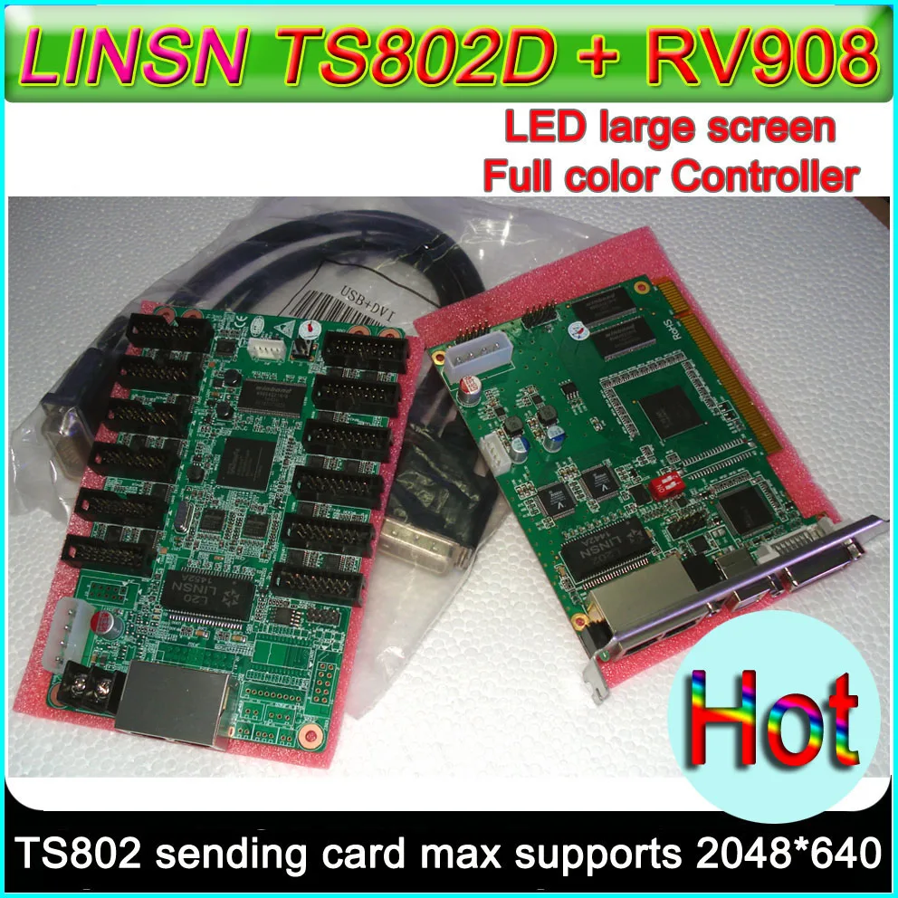LINSN синхронные Управление карты, TS802D отправка карты + 2 шт. RV908 получения карты, полноцветный светодиодный дисплей Плата управления экраном