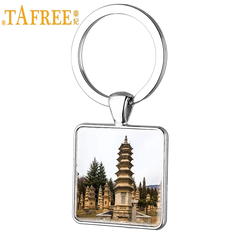 TAFREE The Shaolin Monastery Square Keychain Chinese Kung Fu Key Ring Glass Cabochon Men Pendent