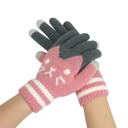 Модные Экран перчатки Для женщин с милым рисунком кота с шерстяной вязаный полный митенки для пальцев для девочек Для женщин зимние подарки