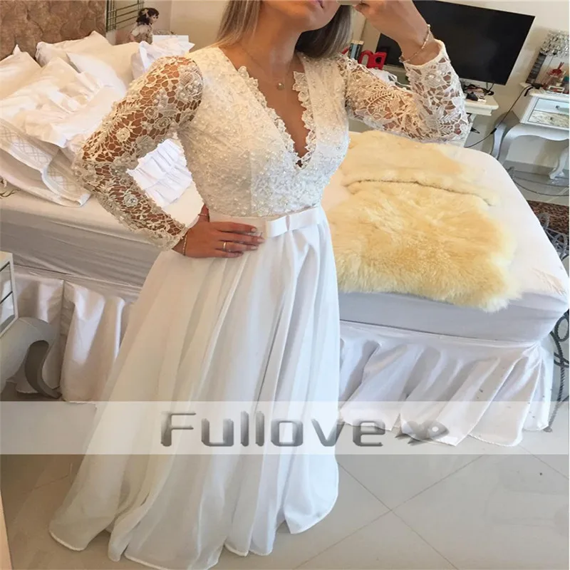 

Gorgeous Deep V-Neck White Beaded A-Line Long Sleeve Evening Dresses 2019 Appliques Lace Formal Dress Vesrido De Festa Longue