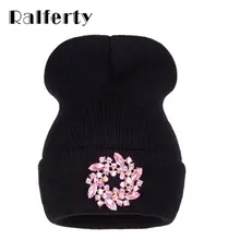 Ralferty, роскошные вязаные шапочки с большим цветком и кристаллами, зимние шапки для женщин, женские шапки, женские шапки, спортивные шапки