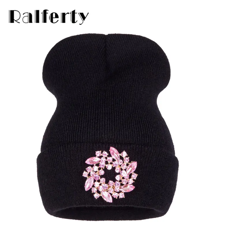 Ralferty роскошный большой цветок кристалл трикотажный свитер вязаные шапочки зимние, шапки для Для женщин шапки Женский капот роковой Осень