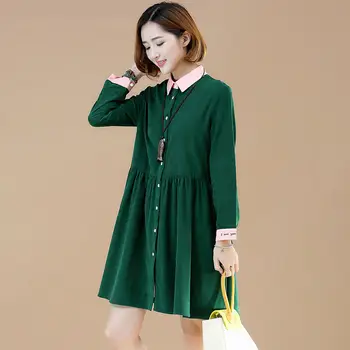 

Large Size Women's Long Sleeve Dresses 2019 Spring Autumn New Lapel Single Breasted Loose Corduroy Pleated A-line Dress LQ739