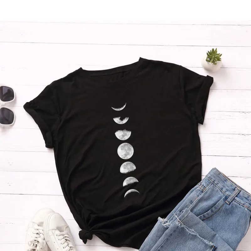 Moon Phase, летняя женская футболка, Harajuku, милые повседневные топы, футболка с графикой, женские футболки, плюс размер, 5XL