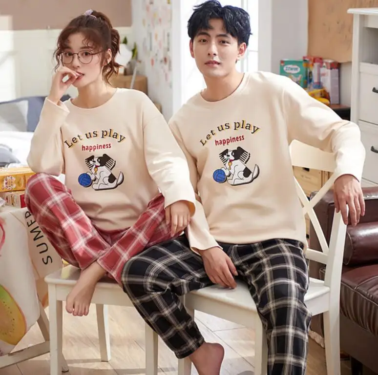 

Couples Pajamas Sets Women Print Soft Cotton Carton Fashion Men Long Sleeve Sleepwear Suit 2 piece Sexy Spring Home Couple Loung