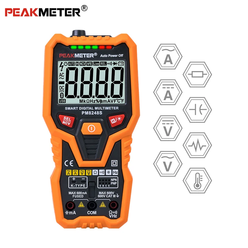 Peakmeter PM8248S Smart AutoRange профессиональный мультиметр Вольтметр с NCV частота подсветки температура транзистор тест