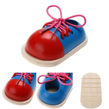 1pc Fashion Kids Montessori Educational Toys Children Wooden Toys Toddler Lacing Shoes Early Education Montessori Teaching Aids