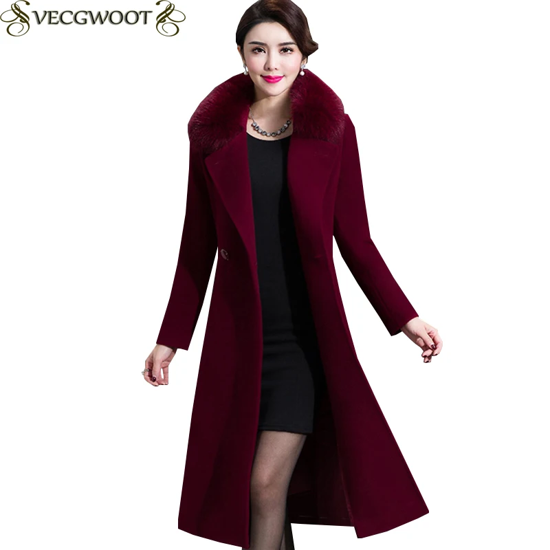 

Autumn Winter Woolen Coat Women New 2019 Fashion Elegant Solid color Large size Woolen Jacket Women Fur collar Long Coat S451