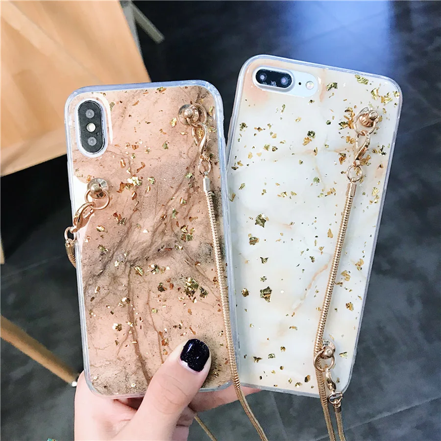 

gold foil marble shoulder chain strap tpu case for iphone X XR XS MAX 7 8 6 6S plus case cover glitter bling soft silicone phone