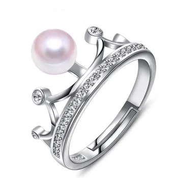 

PEISENI 100% natural freshwater pearl ring perfect round Crown style Wedding Rings 925 Sterling Silver Rings For Women