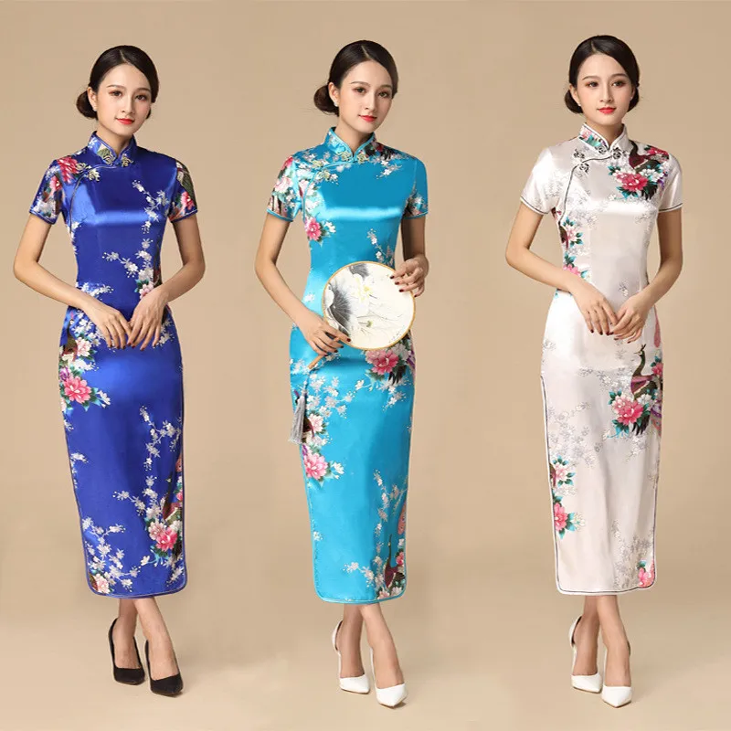 Floral&Peacock Women Traditional Chinese Dress Vintage Mandarin Collar Qipao Oversize Long Slim Cheongsam 3XL 4XL 5XL 6XL