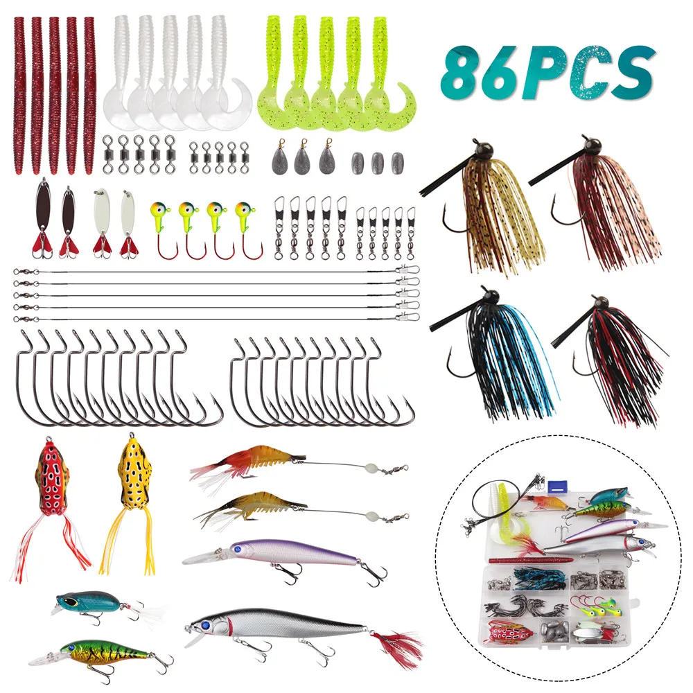 

86pcs fishing Lures Baits Kit frog lure Texas rig kit weedless jig lead head hook for lure bass Fishing Accessories set