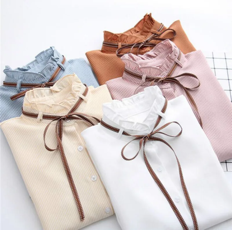 

New Female Chiffon Blouse Shirt Lady Solid Bow Shirt Loose Stand collar Women Long-Sleeved Shirts