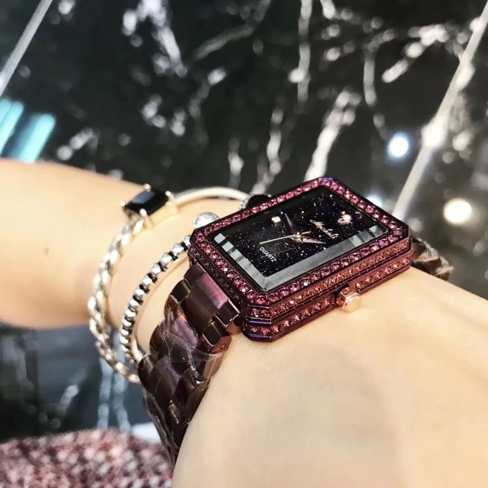Relógios para as Mulheres do Vintage Cristais de Luxo do Relógio em Aço Relógio de Pulso de Quartzo Quadrado Pulseira Anti Desvanecimento Nobre Roxo Sparkly Completo