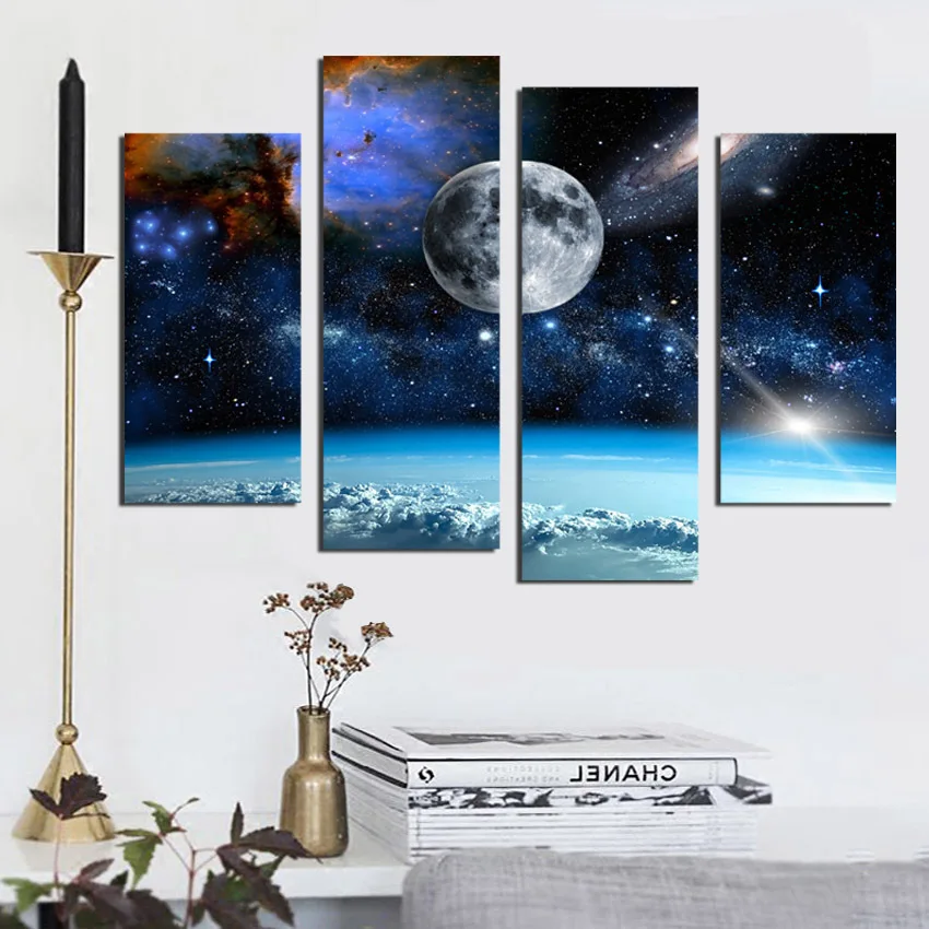 

4 Panel Modern Printed Space Universe Landscape Paintings Canvas Picture Cuadros Earth Painting For Living Room No Frame