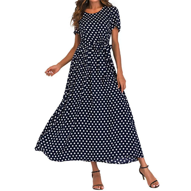  New Women Summer Vintage O-Neck Short Sleeve Beach Polka Dot Bandage Long Maxi Dress Sexy Elegant Lady Holiday New Dress #4R08 (9)