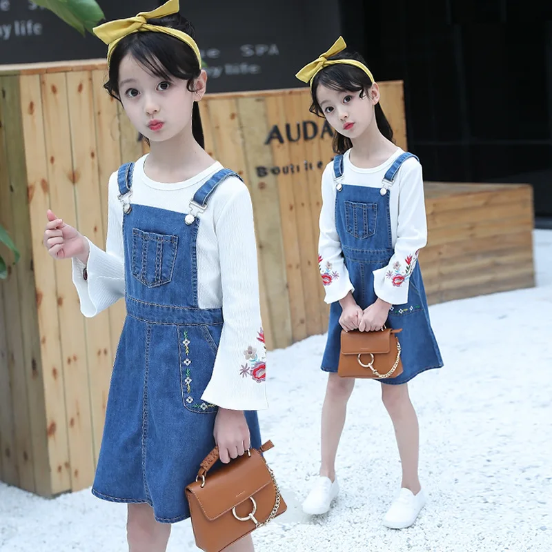 

2018 Spring Autumn 2PCS Kids Girls Floral Flare Sleeve Top Blouse Shirt + Denim Sundress Set Clothes Girls Clothing Sets