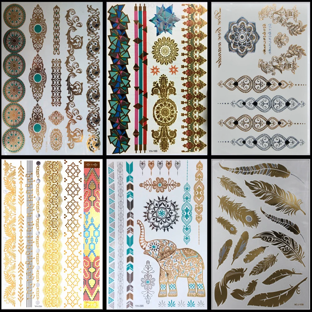 

6 PCS/ lot Temporary Metallic Tattoo Gold Silver Black Flash Tattoos Flash Inspired High Quality body art tattoo sticker tatoo