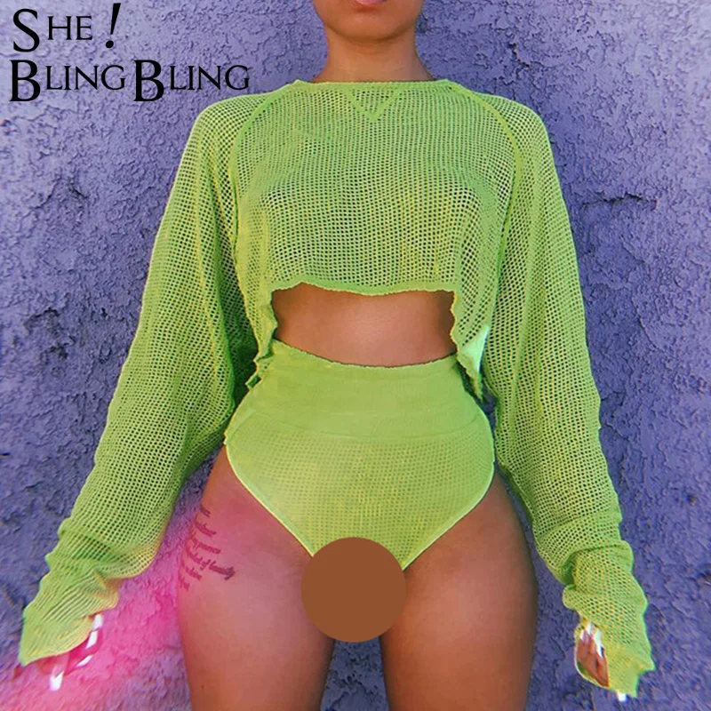

SheBlingBling Neon Geen Black See-Through Mesh Patchwork Long Sleeve Crop Tops Fashion Club Party Summer Casual Women T-shirts