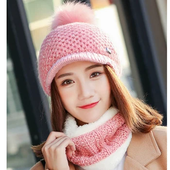 

Winter Pink knitted Beanies Hat Women Velvet Thick Warm Wool Skullies Cap Bib Female Bonnet Beanie Caps Windproof Riding Sets