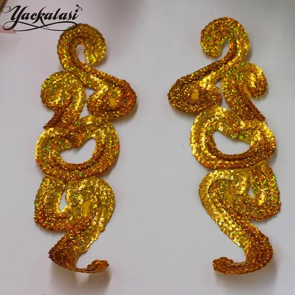 Gold Рождественская отделка YACKALASI 5 пар/партия Золотая голограмма с блестками и аппликацией зеркальная пара шитье нашивки вышивка цветок планки 21*6 см - Цвет: Gold