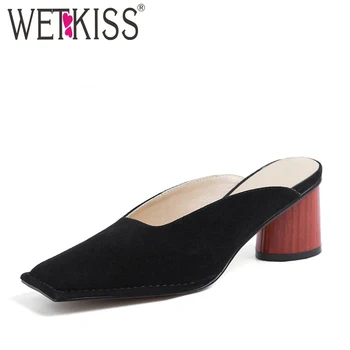 

wetkiss Black Mules Summer Round Med Heels Woman Slippers Square Toe Footwear Kid Suede Female Slides Shoes Women New 2019