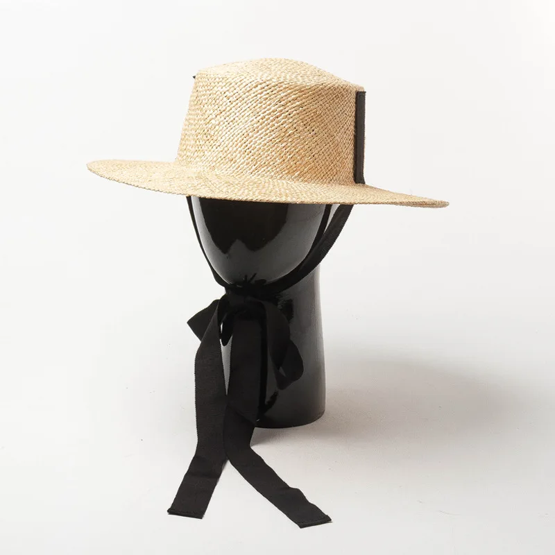 

Hat Straw Beach Boater Hat with Ties Female Chapeau Femme Summer Sun Hats for Women UV Protection Top Quality 691082