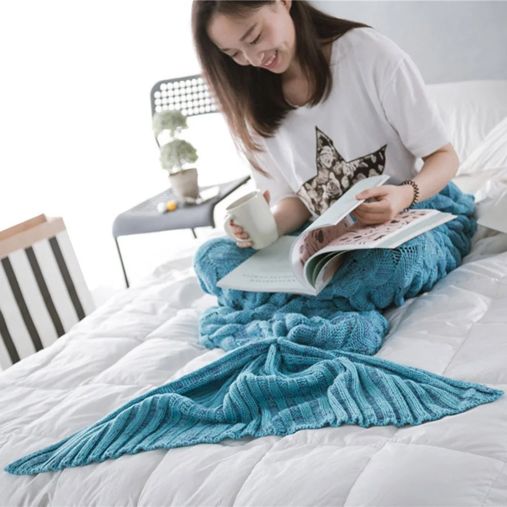 Handmade Knitted Mermaid Tail Blanket Adult/Child Crochet Knit Candy Color Fish Throw Bed Wrap Sofa Foot Coverlet Sleeping Bag