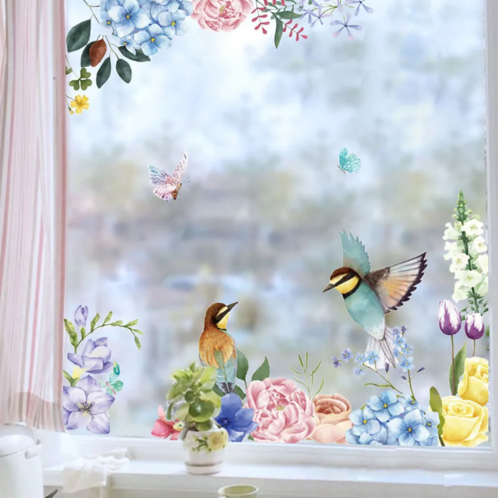 Цветы и птицы струйные съемные Мультяшные настенные наклейки настенная для домашнего интерьера наклейки домашний декор для спальни