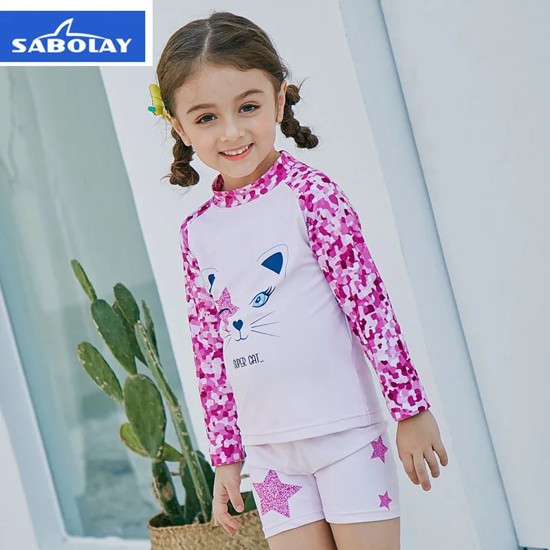 

DIVE&SAIL Kids Cute Swimwear UPF 50+Sun Protection Swimsuit Long Sleeve Cat Printed Surf Suit Girls Rash Guards Diving Equipment