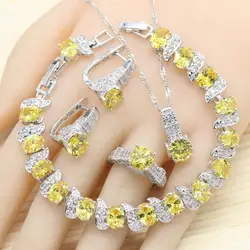 Желтый полудрагоценный женский 925 Серебряный Свадебный комплект ювелирных изделий с браслетом серьги кольца ожерелье подвеска бесплатная