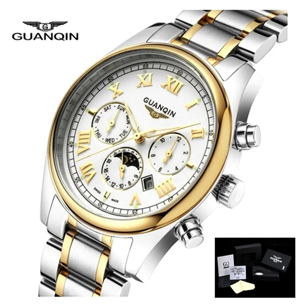 GUANQIN Mens Watch Top Brand Luxury Steel Watch Men Quartz Moon Phase Wristwatch Analog Waterproof Watches